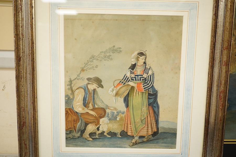 A Regency pictorial silk work embroidery with verre eglomise glass and an 18th century dutch peasant scene coloured print, largest 49cm wide x 42cm high. Condition - both poor